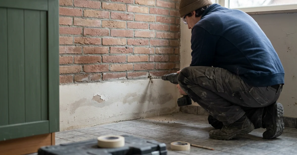Vakman boort een gat in de voeg onderaan een baksteenmuur voor een injectie