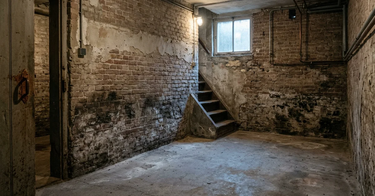 Kelderwand met vochtplekken en een kale betonvloer in een Nederlandse woning