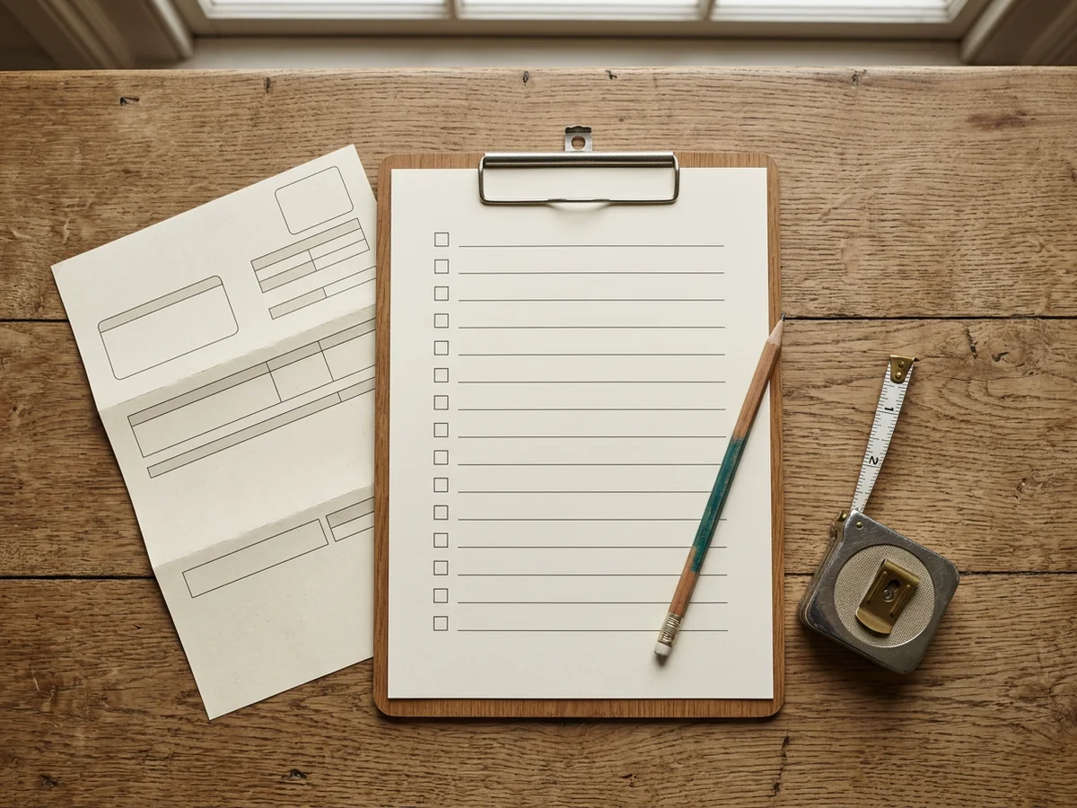 Checklist, energierekening en meetlint op een houten tafel