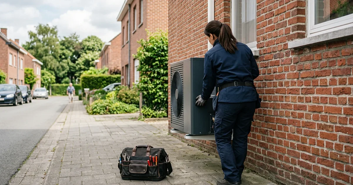 Monteur controleert een buitenunit van een warmtepomp