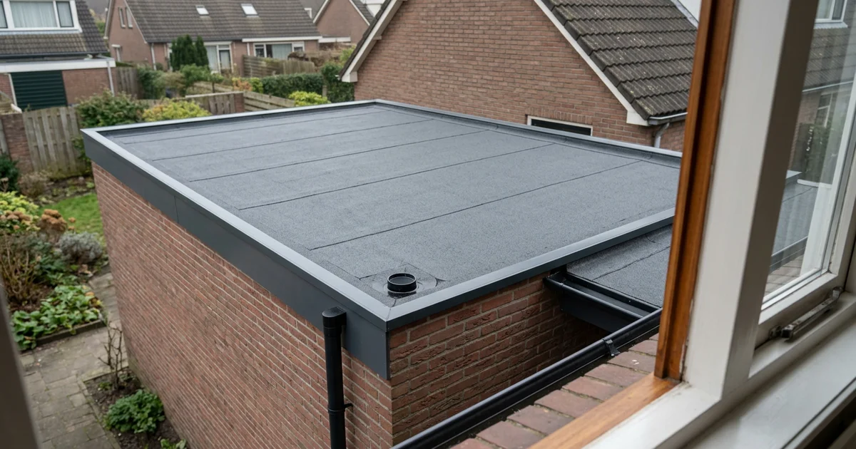 Plat dak van een aanbouw met nieuwe dakbedekking gezien vanuit een bovenraam