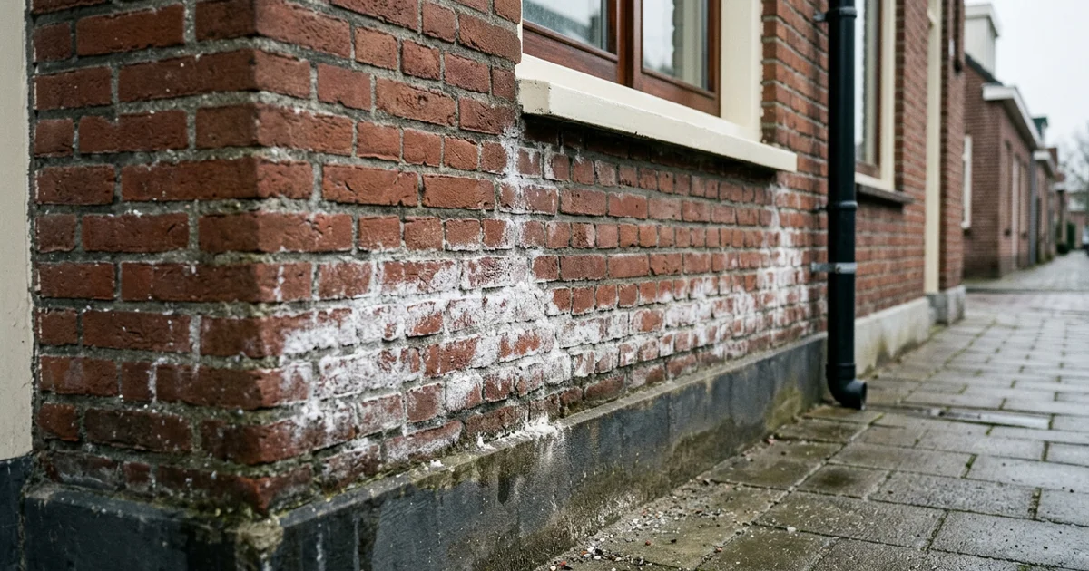 Witte zoutuitslag op een baksteenmuur onderaan een buitenwand