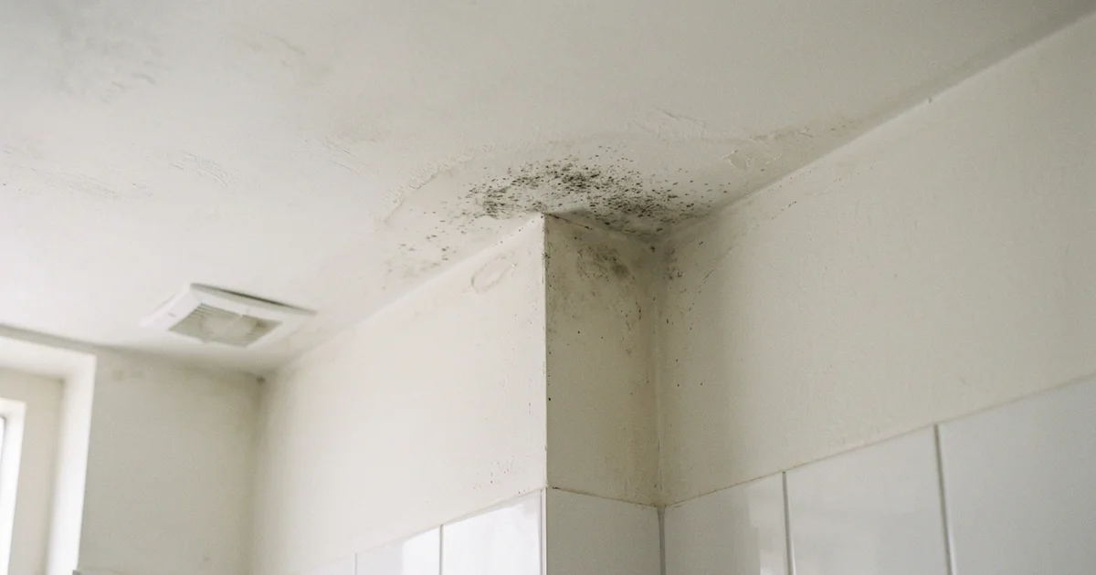 Schimmelvlekken in de hoek van een badkamerplafond in een Nederlandse woning
