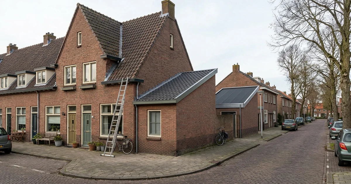 Nederlandse straat met een zadeldak, een lessenaarsdak en een plat dak naast elkaar