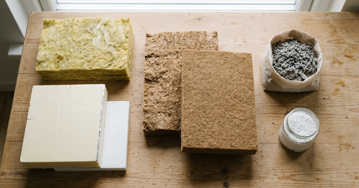 Monsters van isolatiemateriaal zoals wol, platen en houtvezel op een tafel