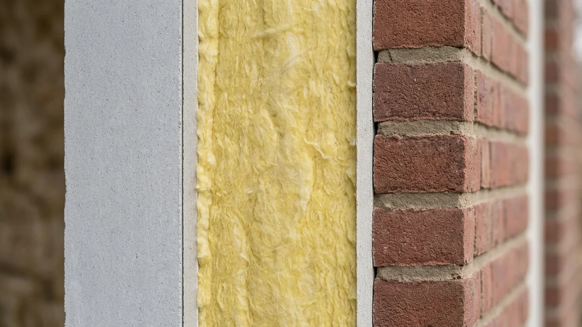 Doorsnede van een spouwmuur met binnenblad, gevulde spouw en buitenblad van baksteen
