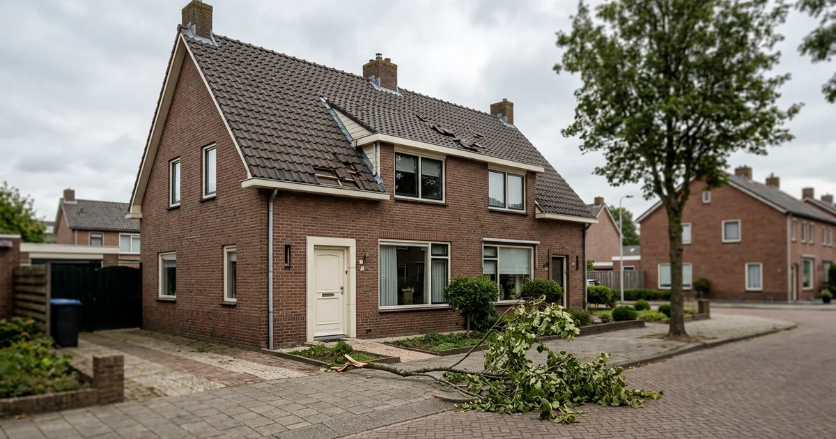 Verschoven dakpannen op een woning na een storm, gezien vanaf de straat