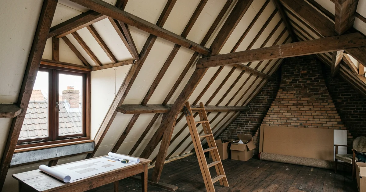 Isolatiemateriaal tussen dakbalken op een zolder in een Nederlandse woning