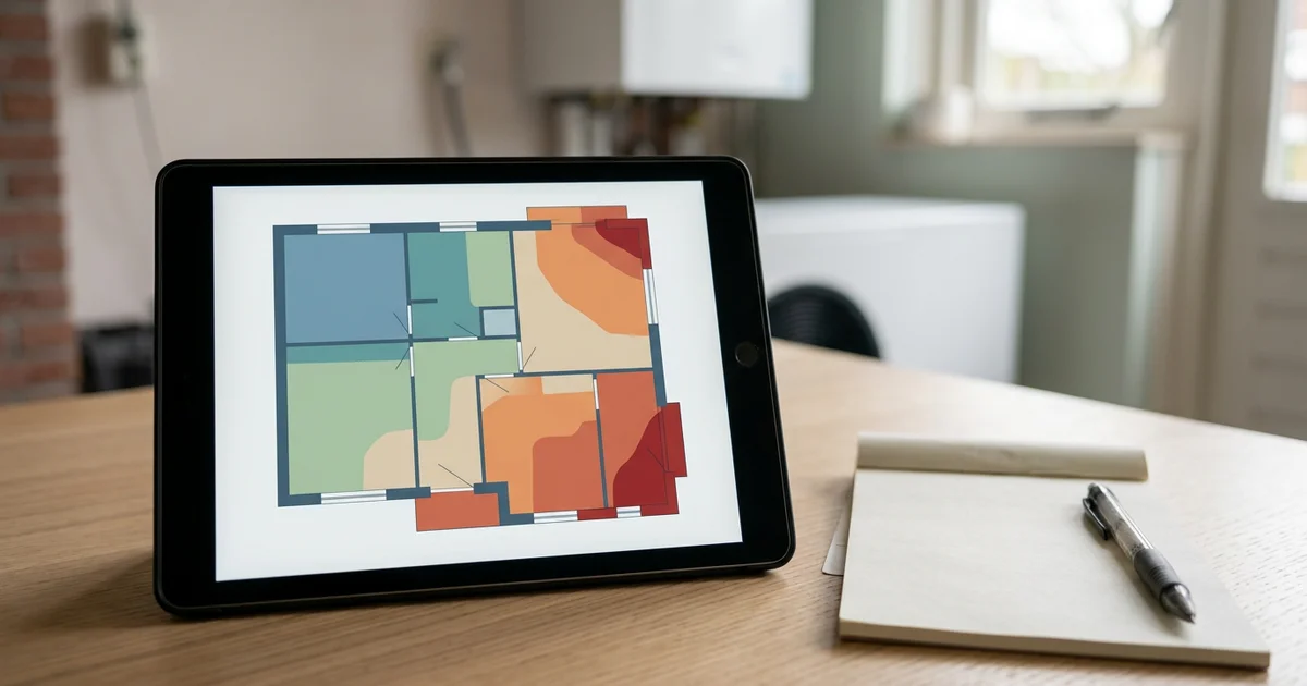 Tablet met een plattegrond en warmteverlies per ruimte
