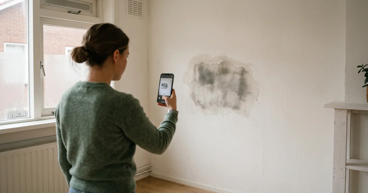 Huurder maakt een foto van een vochtplek op de muur voor een melding aan de verhuurder