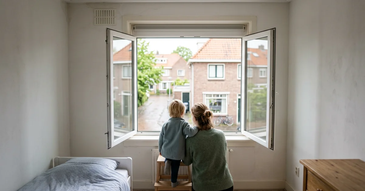 Ouder en kind in een lichte slaapkamer met een geopend raam voor frisse lucht