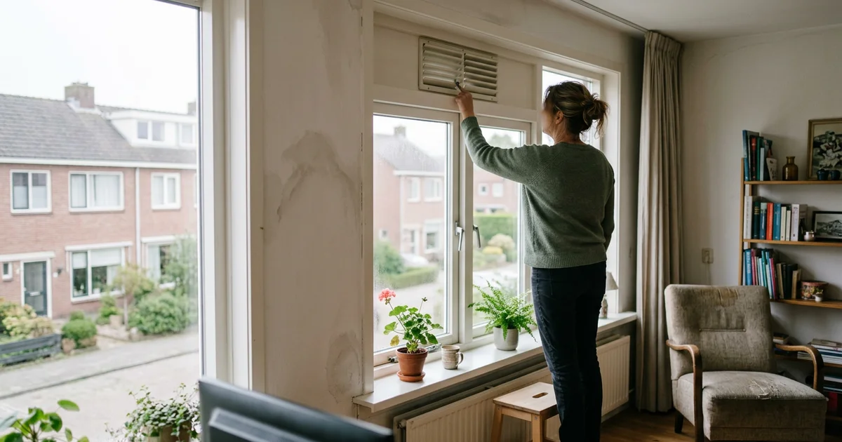 Bewoner opent een ventilatierooster boven het raam in een woonkamer