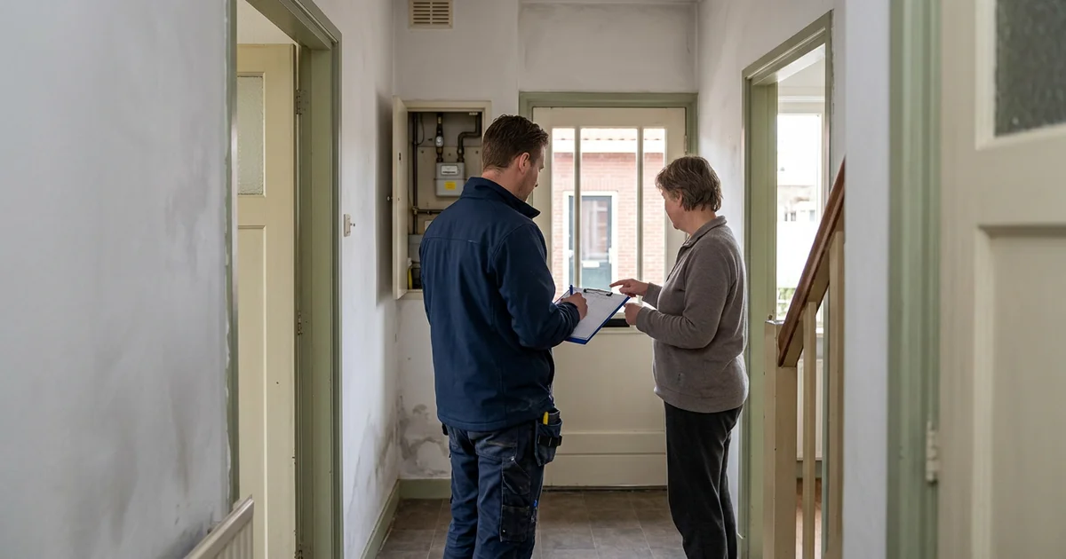 Bewoner stelt vragen aan een vakman in de gang van een woning