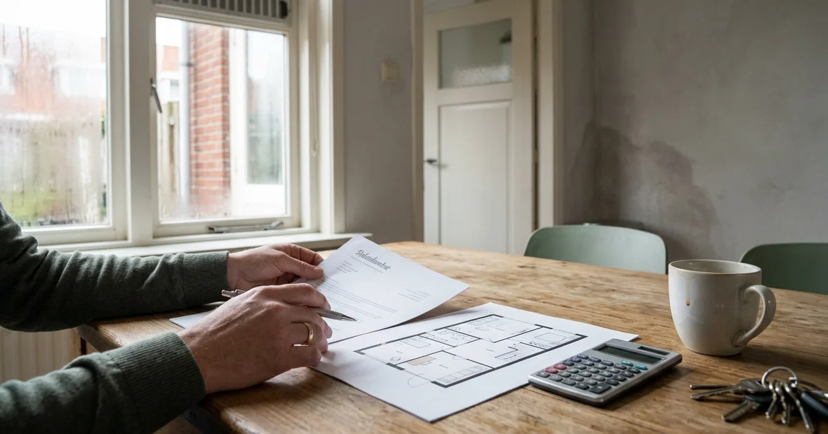 Offerte voor vochtbehandeling met een rekenmachine en een plattegrond op een tafel