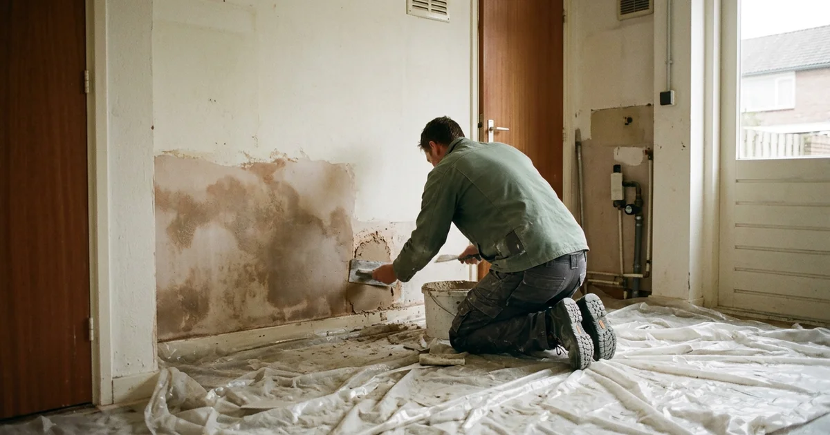 Vakman werkt aan de onderkant van een muur in een woning terwijl de bewoner toeziet
