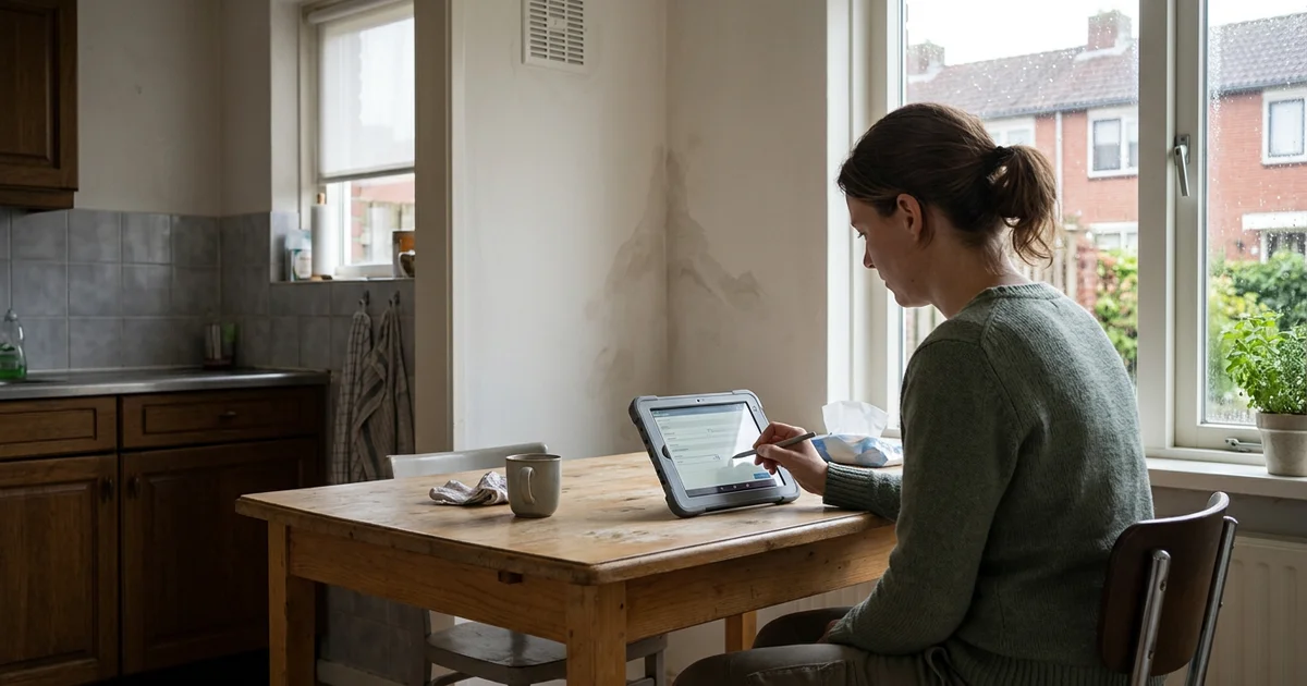 Bewoner vult op een tablet een offerteaanvraag voor vochtbestrijding in