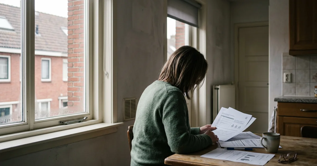 Woningeigenaar bekijkt documenten over subsidie en regels aan een keukentafel