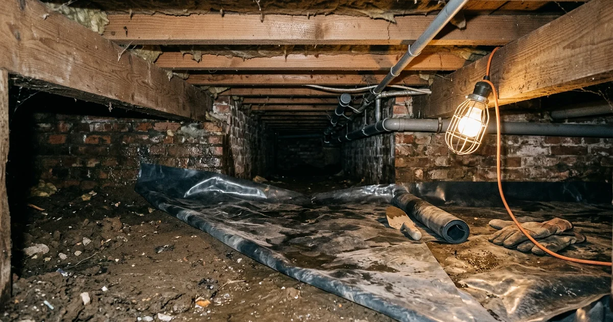 Kruipruimte onder een Nederlandse woning met een vochtige bodem en plastic folie