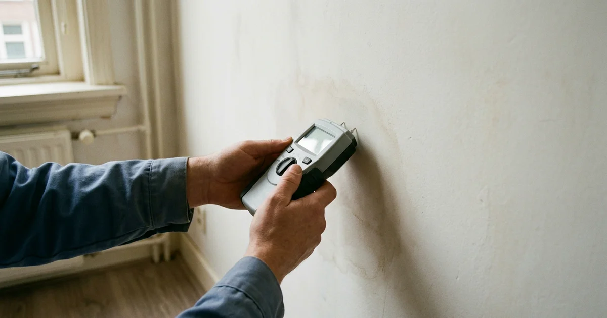 Handen houden een eenvoudige vochtmeter tegen een binnenmuur in een woning