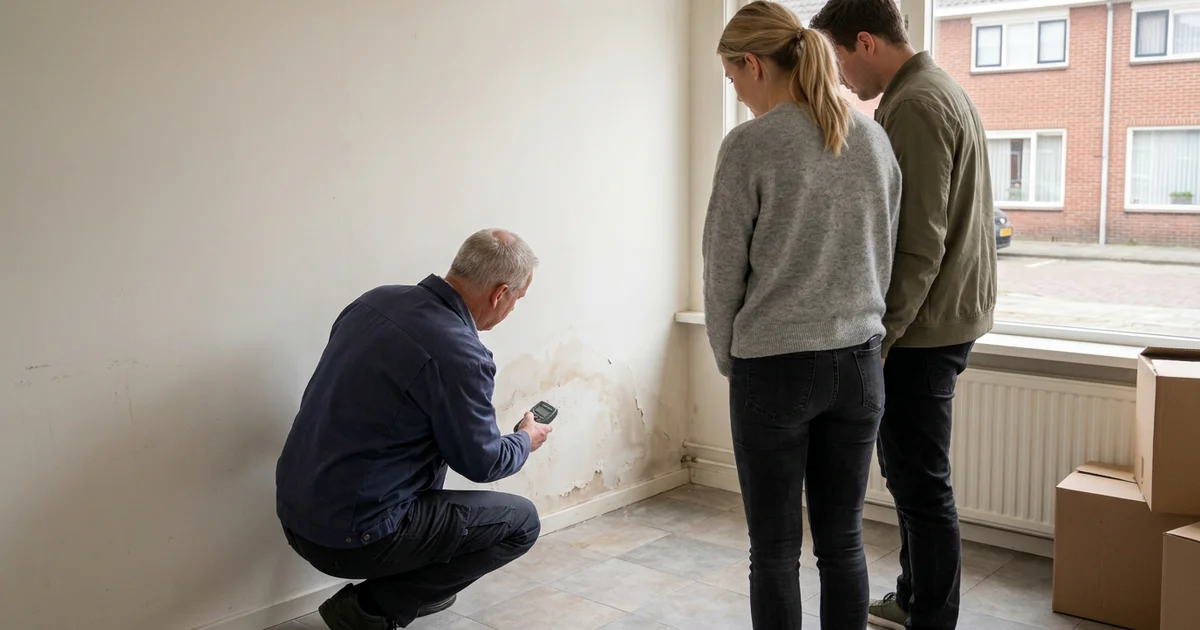 Kopers bekijken met een bouwkundig keurder een vochtplek in een woning