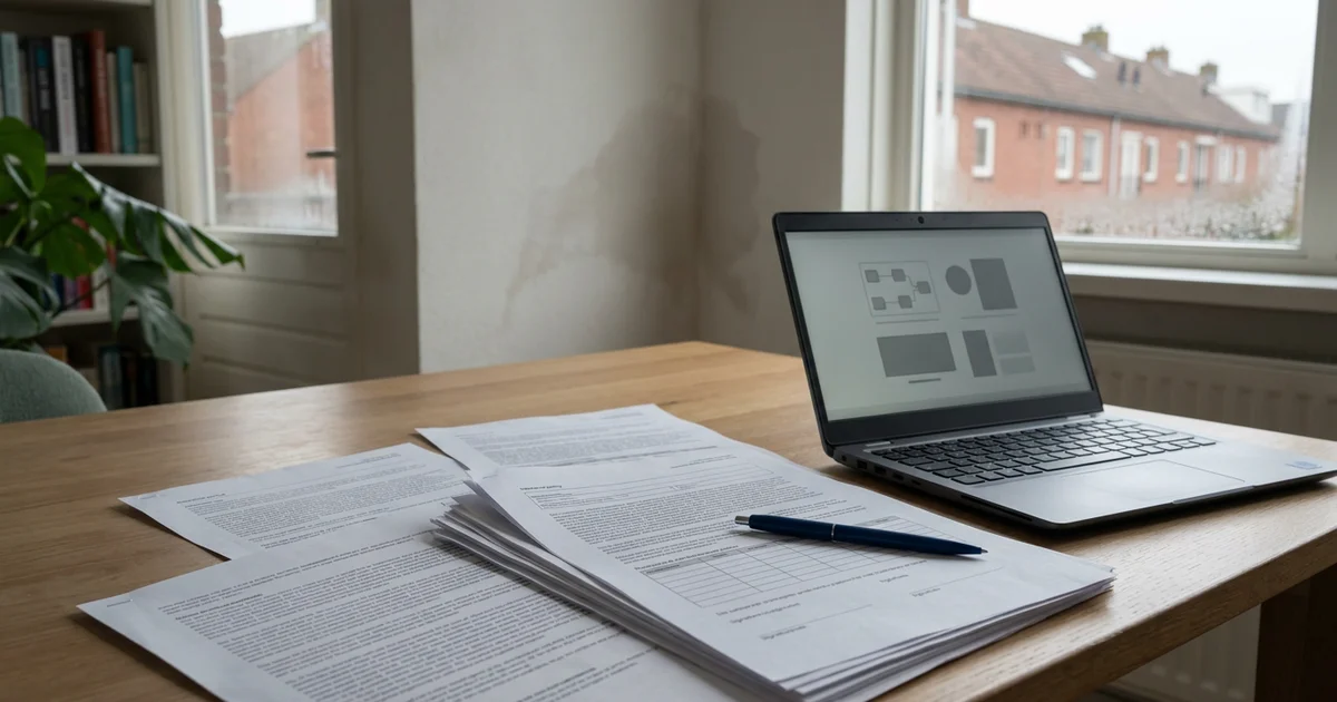Polisvoorwaarden en een vochtplek op de muur op een tafel naast een laptop