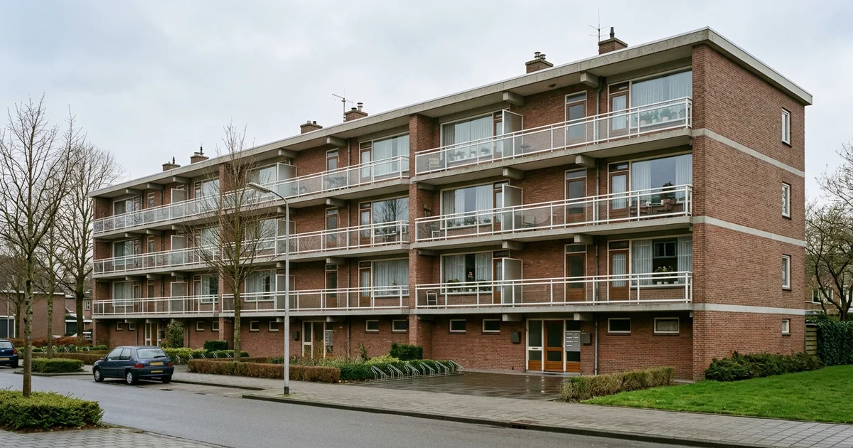 Gevel van een naoorlogs appartementengebouw van baksteen met balkons