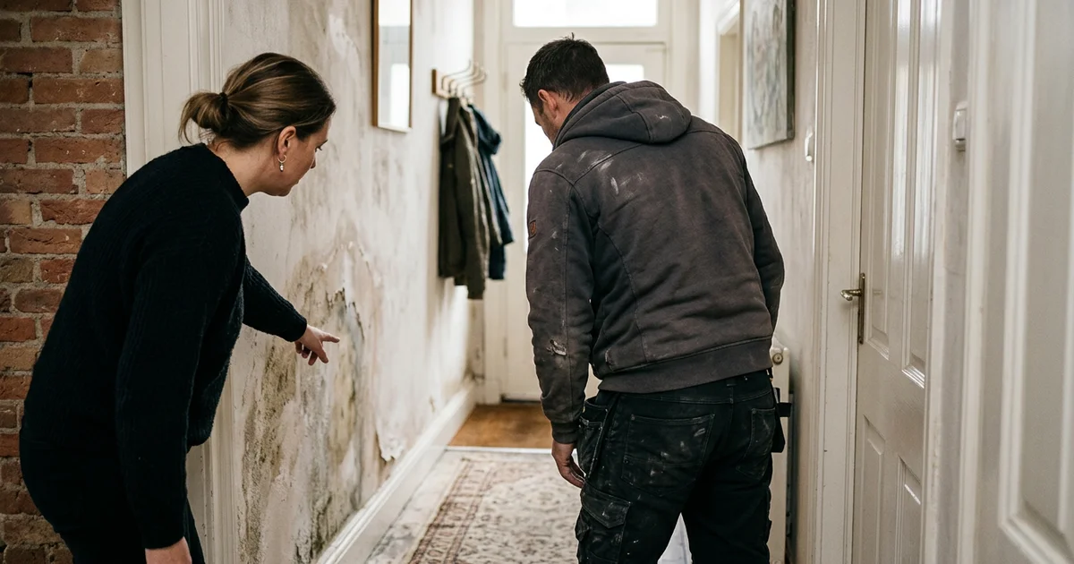 Bewoner en vakman bekijken samen een vochtplek in een Nederlandse hal