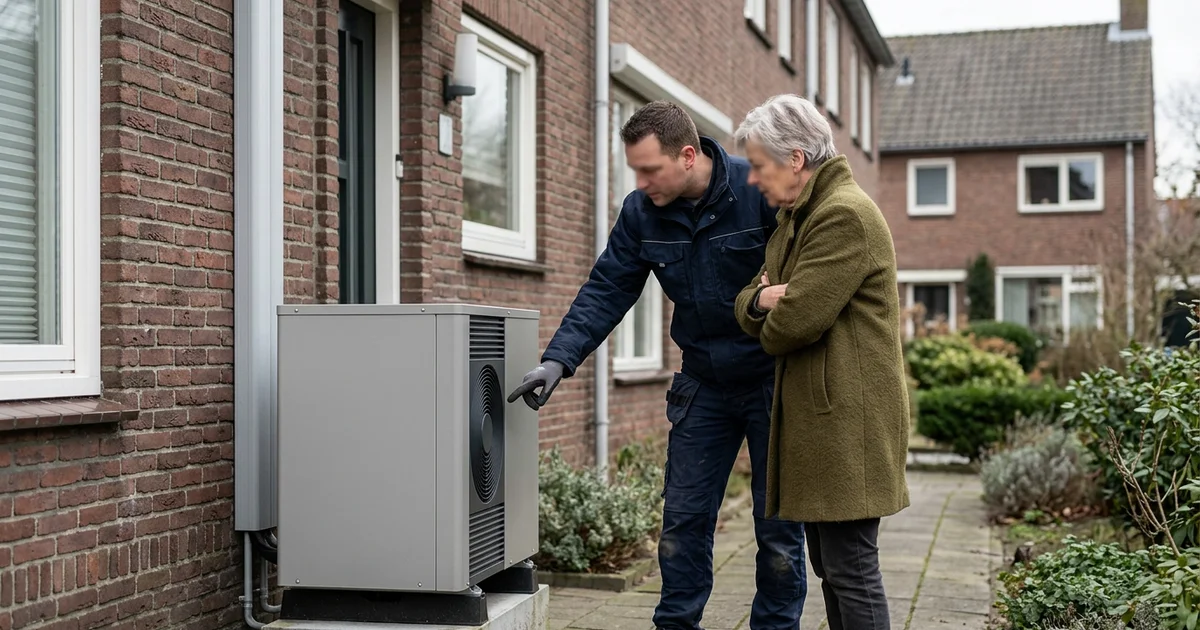 Installateur bespreekt de plaatsing van een warmtepomp met een bewoner