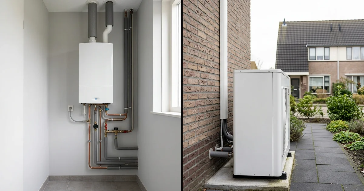 Cv-ketel en warmtepomp-buitenunit naast elkaar ter vergelijking