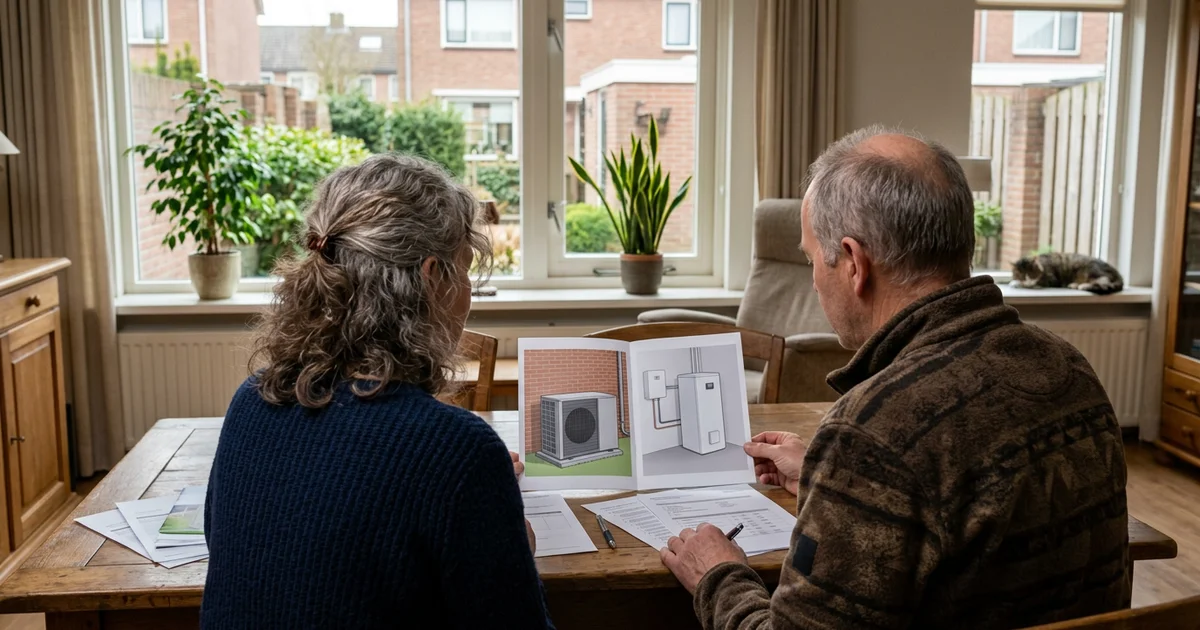 Bewoners bekijken offertes en een brochure over een warmtepomp