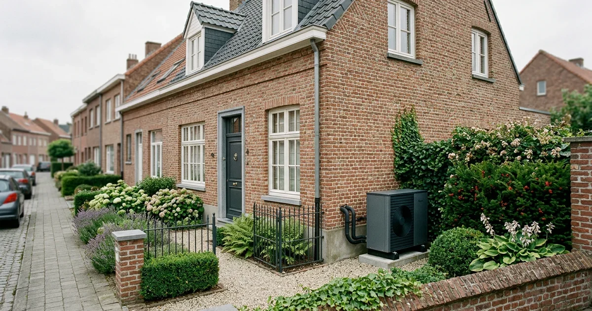 Oudere rijtjeswoning met dakisolatie en glas, buitenunit achter het huis