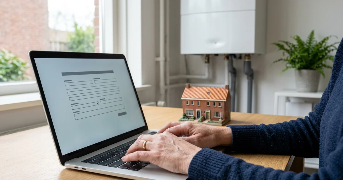 Huiseigenaar vult online een aanvraag in met een huismodel op het bureau