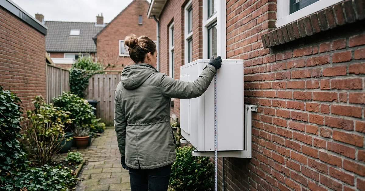 Buitenunit van een warmtepomp wordt opgemeten tegen een gevel