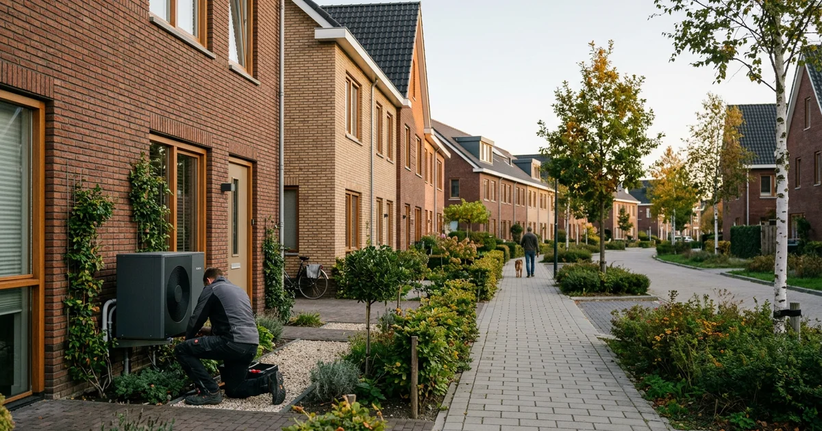 Nieuwbouwwijk met rijwoningen en warmtepompen